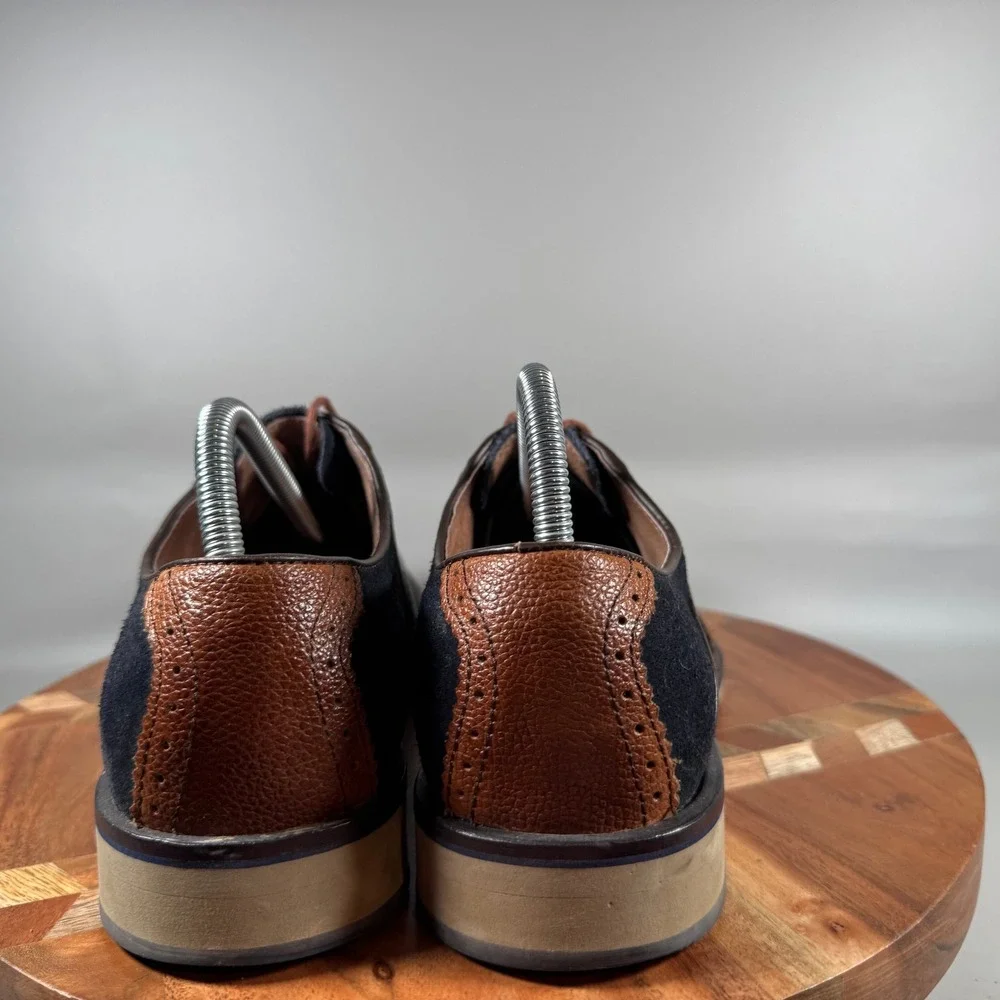 Johnston & Murphy Mens Brown Pebble Leather Navy Suede Wingtip Oxfords Size 9M